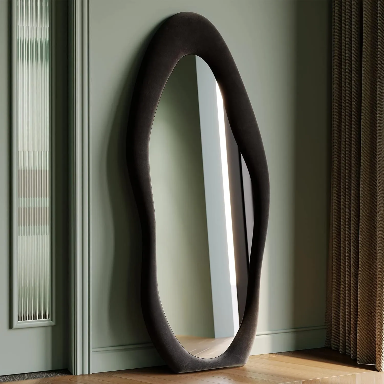 Honyee Full Length Mirror, 63" x 24" Wall Mirror, Flannel Wrapped Wooden Frame Floor Mirror, Irregular Wavy Mirror Hanging or Leaning Against Wall for Cloakroom/Bedroom/Living Room, Black