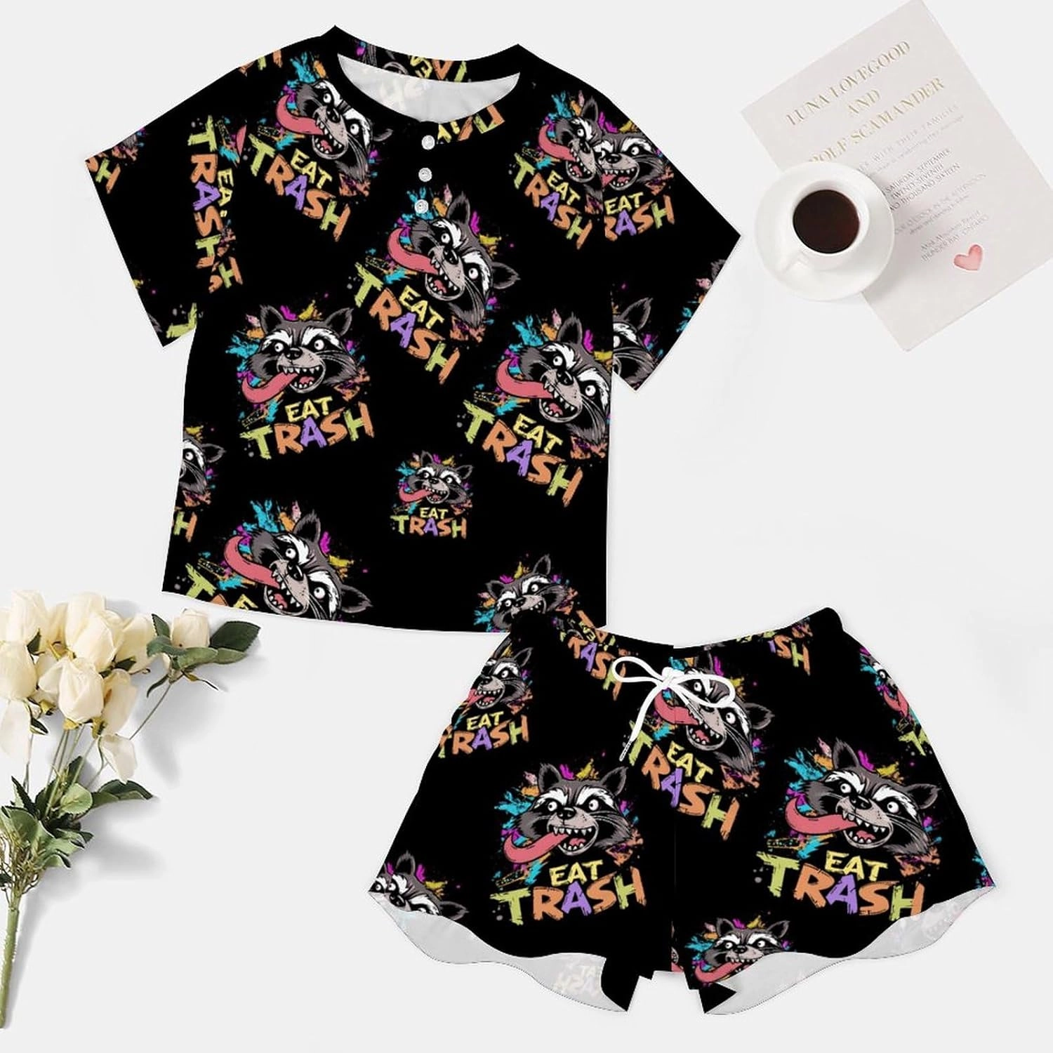 Hooligan Raccoon Eat Garbage Pajamas for Women Set Button Down Loungewear Short Sleeve Pjs Lounge Set Soft Comfy 2 Piece