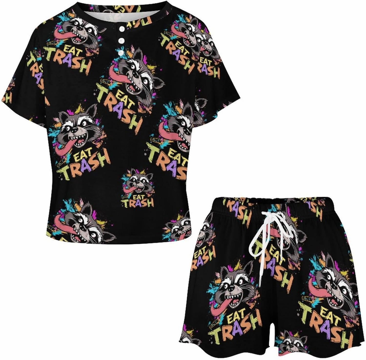 Hooligan Raccoon Eat Garbage Pajamas for Women Set Button Down Loungewear Short Sleeve Pjs Lounge Set Soft Comfy 2 Piece
