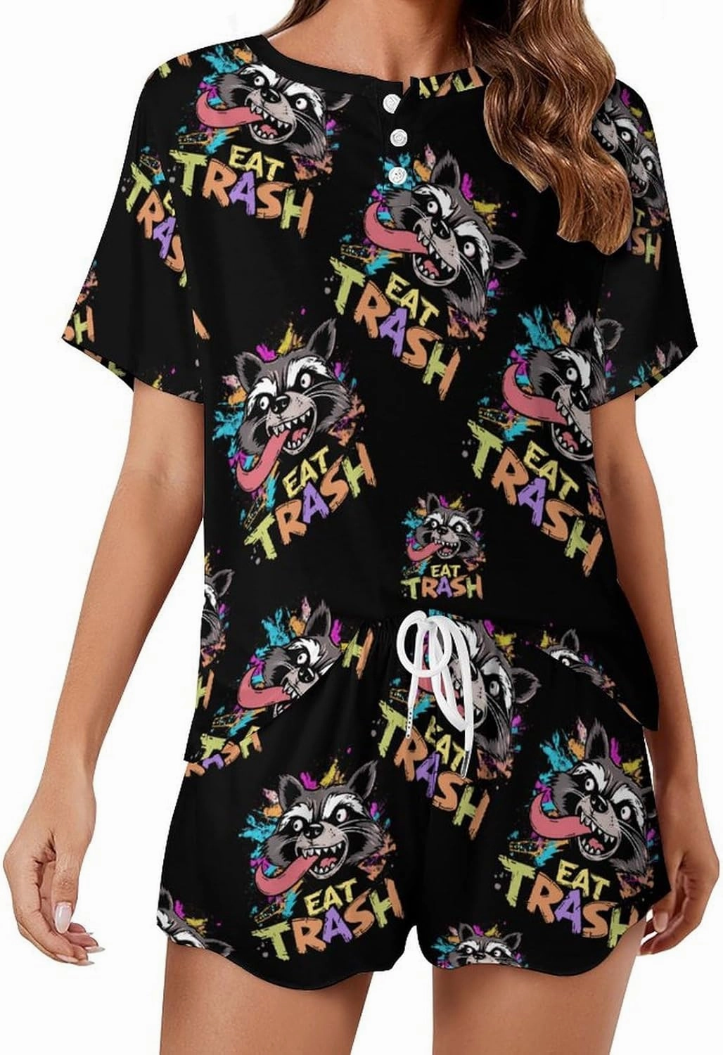 Hooligan Raccoon Eat Garbage Pajamas for Women Set Button Down Loungewear Short Sleeve Pjs Lounge Set Soft Comfy 2 Piece