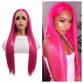 Hot Pink Lace Front Wig 13X4 Long Straight Synthetic Heated Purplish Pink Lace Wig for Women Daily Cosplay 24in
