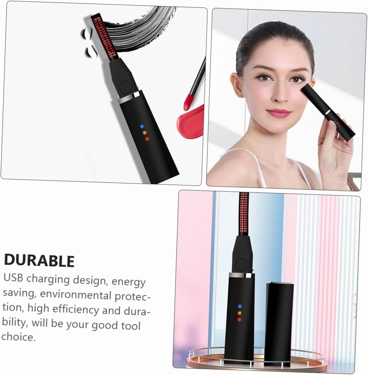 Housoutil 1pc Portable USB Electric Eyelash Curler Heated Beauty Tool for Home Travel Energy Saving Quick Heating Fit for All Eye Shapes for Women