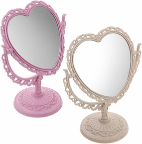 Housoutil Elegant Vintage Desktop Makeup Mirror Set Heart Shape Rotating Mirrors for Girls Home Decor