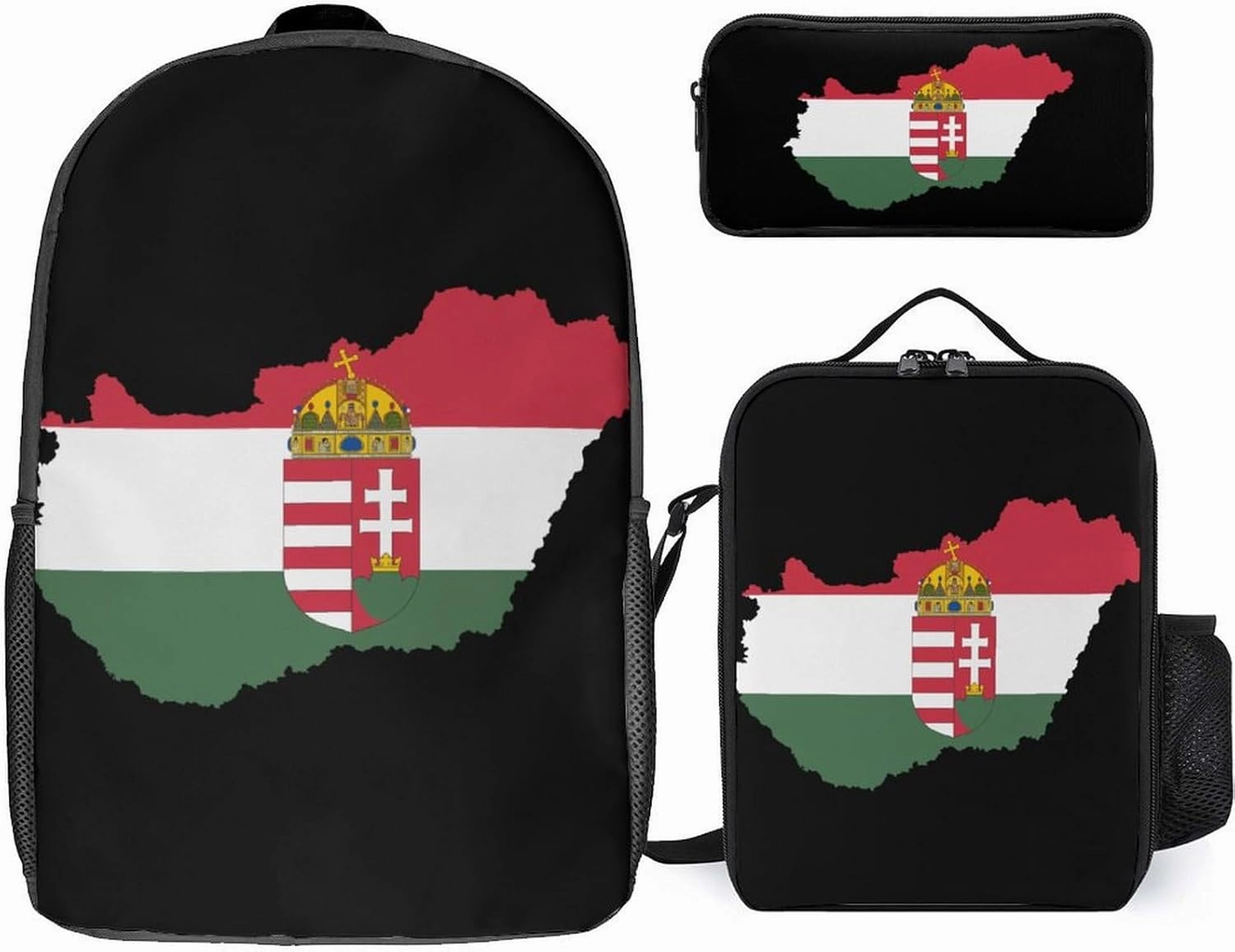 Hungary Map Flag 3Pcs Laptop Backpack Set 17 Inch Daypack with Lunch Bag Pencil Case Set for Travel Work