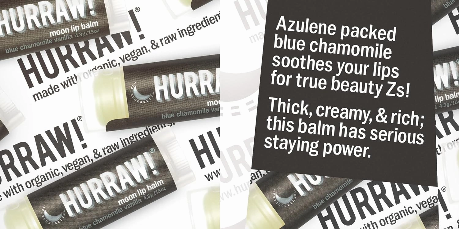 Hurraw! Moon Night Treatment (Blue Chamomile, Vanilla) Lip Balm, 3 Pack: Organic, Certified Vegan, Cruelty and Gluten Free. Non-GMO, 100% Natural Ingredients. Bee, Shea, Soy and Palm Free. Made in USA