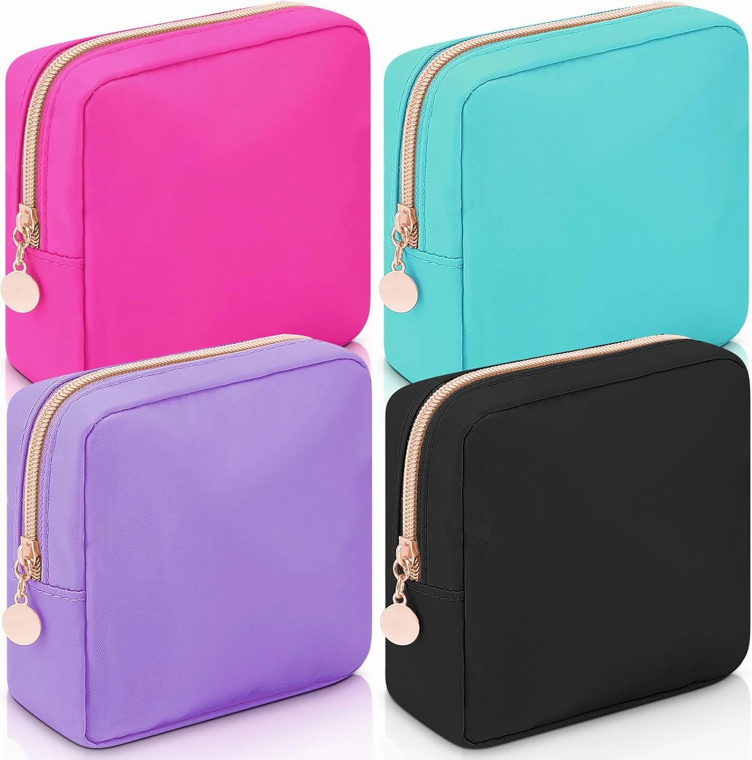 Hushee 4 Pcs Nylon Makeup Bag Preppy Zipper Pouch Waterproof Nylon Toiletry Storage Bag for Women(Mini,Black, Fuchsia, Mint, Grape)