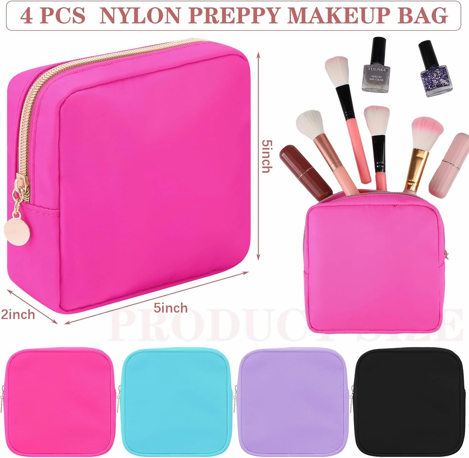 Hushee 4 Pcs Nylon Makeup Bag Preppy Zipper Pouch Waterproof Nylon Toiletry Storage Bag for Women(Mini,Black, Fuchsia, Mint, Grape)