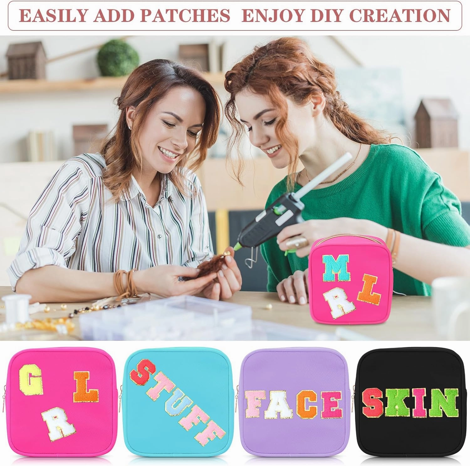 Hushee 4 Pcs Nylon Makeup Bag Preppy Zipper Pouch Waterproof Nylon Toiletry Storage Bag for Women(Mini,Black, Fuchsia, Mint, Grape)