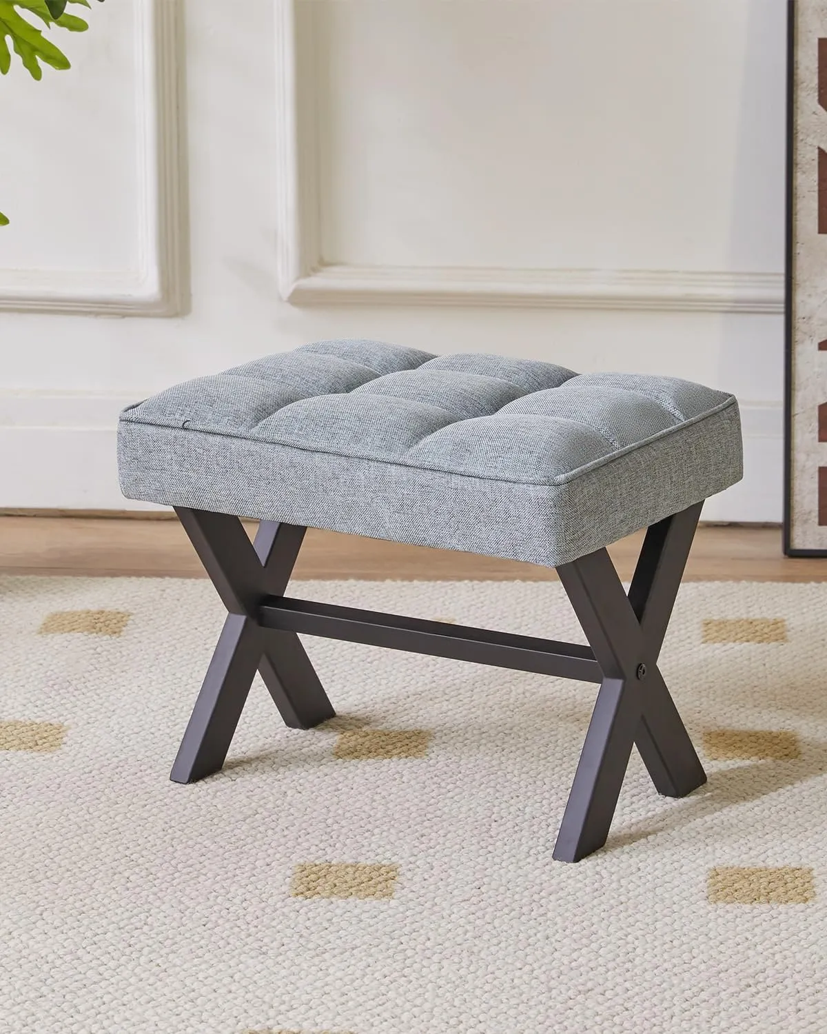 IBUYKE Small 12" H Footrest Stool, Square Linen Foot Stool with Metal X-Leg, Multi-Use as Small Side Table, Step Stool for Living Room, Bedroom, Entryway, Office, Blue Gray WBD011L