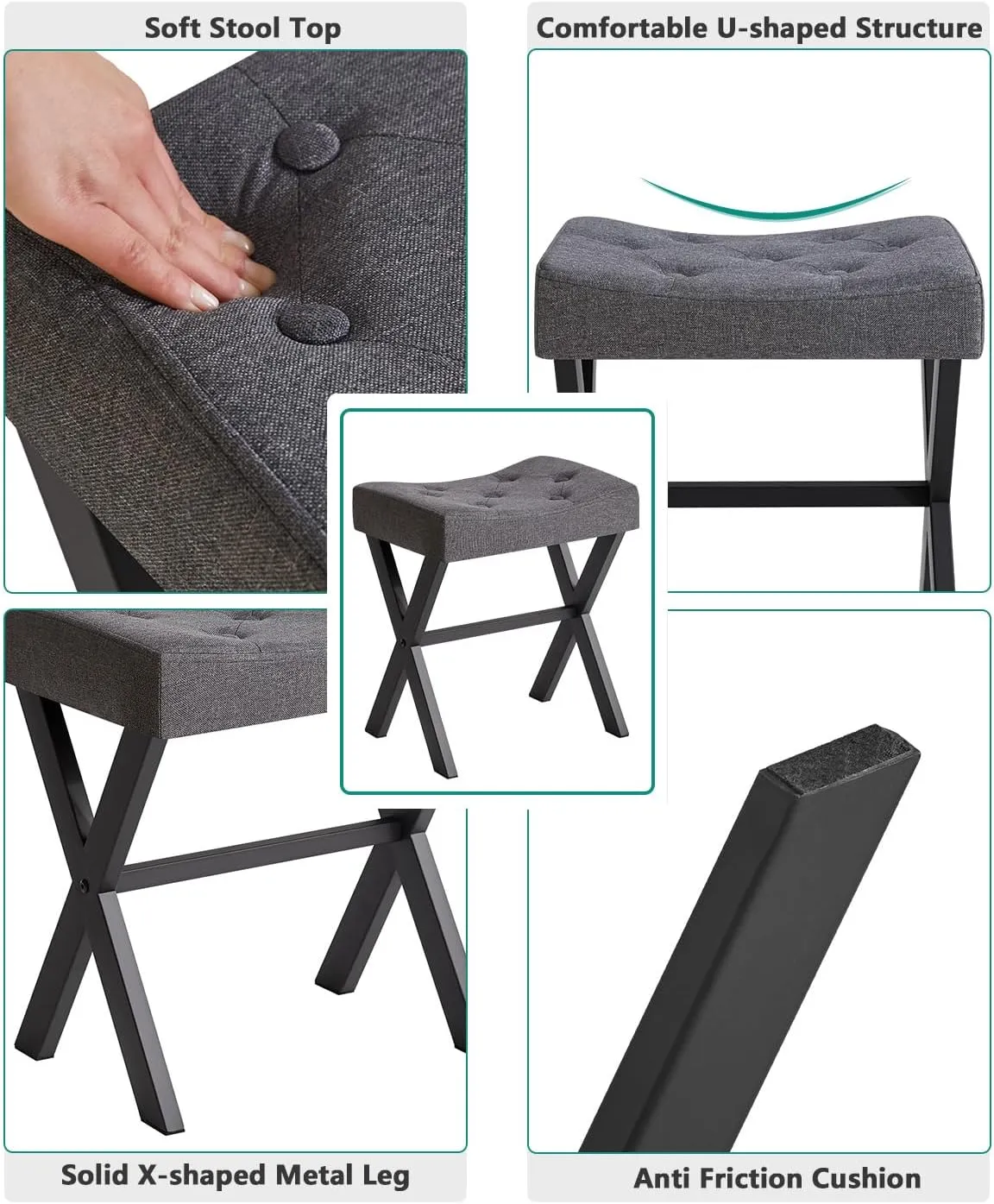 IBUYKE U-Shaped Linen Vanity Stool, Square Makeup Chair with X-Leg, Ottoman Seat Footrest Stool, Multi-Use as Small Side Table, for Bedroom, Living Room, Dark Gray WBD018G