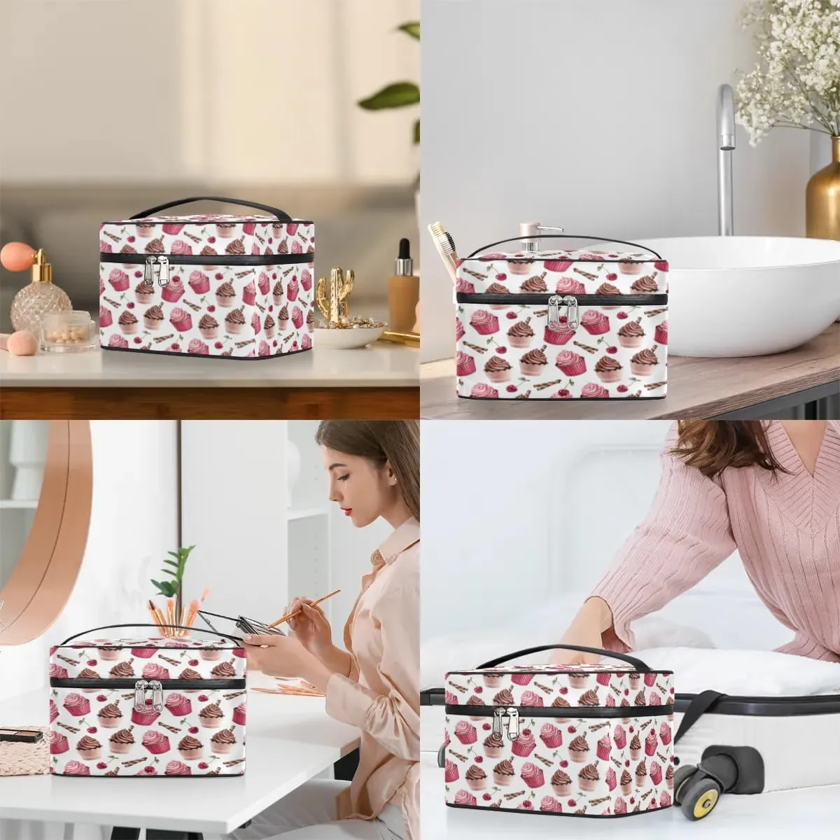 Ice Cream Cherry Makeup Bag Small Cosmetic Bag for Women Travel Makeup Case Organizer Portable Zipper Make Up Brush Bag Cute Toiletry Bag Storage Bags with Handle