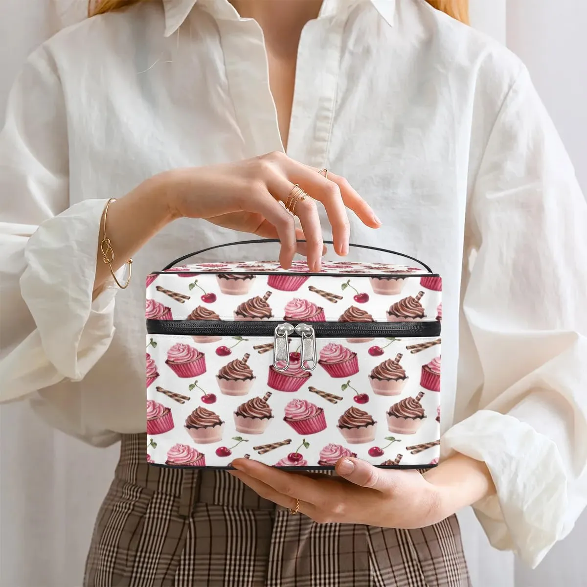 Ice Cream Cherry Makeup Bag Small Cosmetic Bag for Women Travel Makeup Case Organizer Portable Zipper Make Up Brush Bag Cute Toiletry Bag Storage Bags with Handle