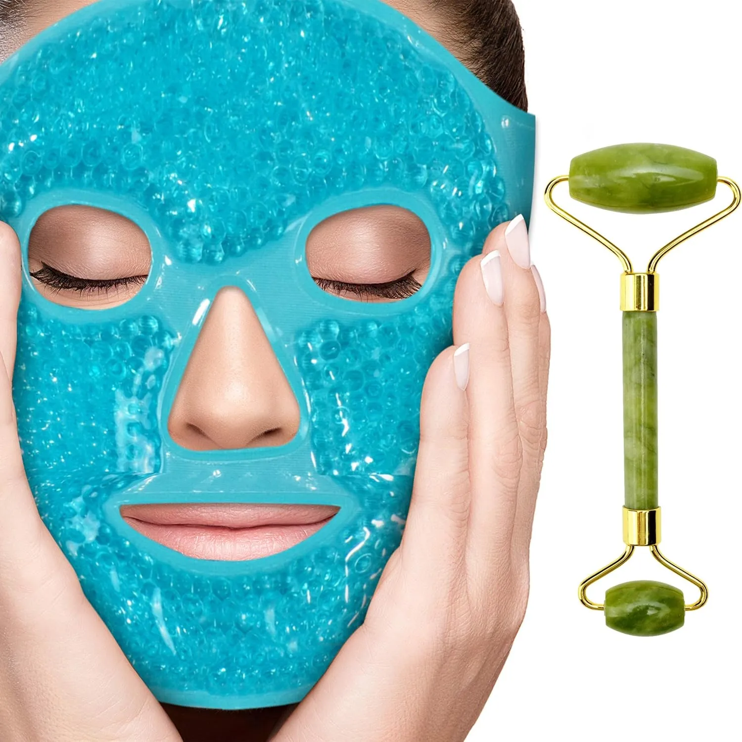 Ice Face Mask   Jade Roller - Beauty Roller Face Neck Massage Tool - Stone Face Roller & Facial Mask Set for Wrinkles Fine Lines & Anti Aging, Puffy Eyes, Dark Circles & Overall Skin Care