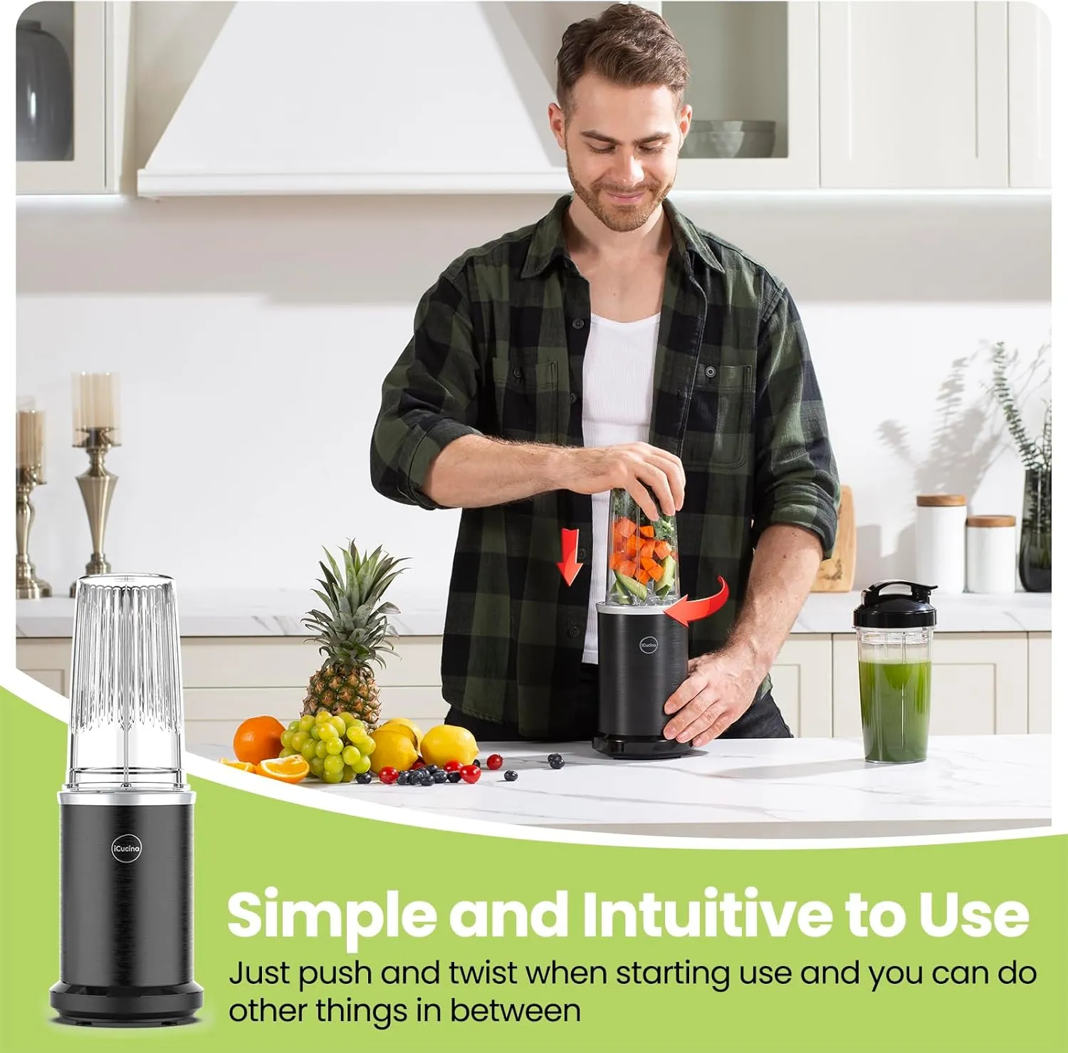 iCucina Smoothie Blender, 1000W Personal Blender for Shakes and Smoothies with 2 x 32oz Protable Cups and Lids, Single Serve Blenders for Ice Crushing, Bean Grinding, Frozen Fruit Drinks, Black