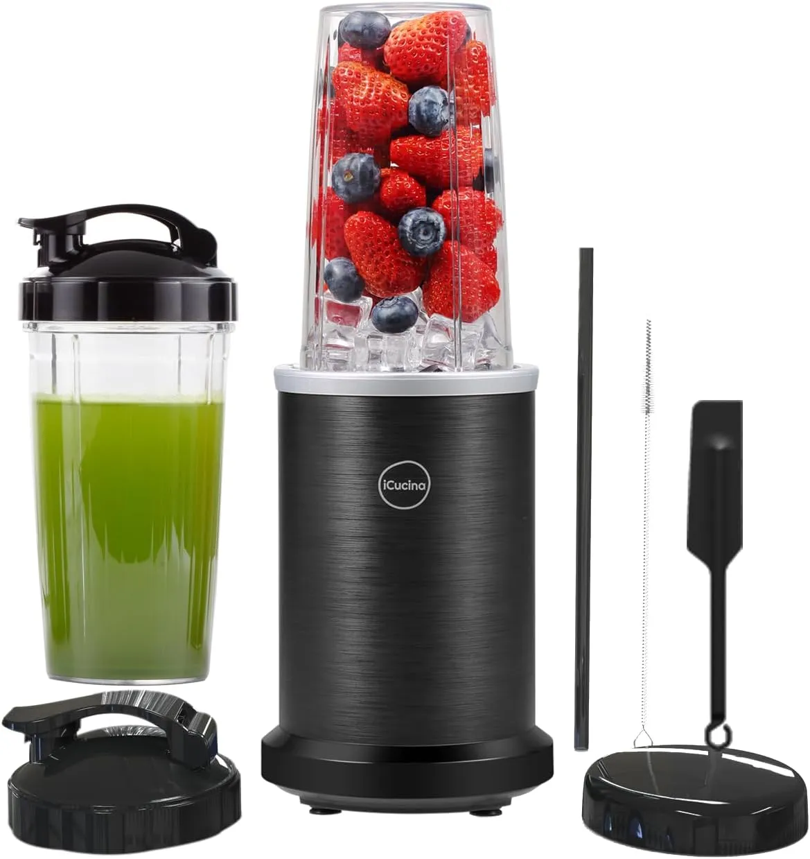 iCucina Smoothie Blender, 1000W Personal Blender for Shakes and Smoothies with 2 x 32oz Protable Cups and Lids, Single Serve Blenders for Ice Crushing, Bean Grinding, Frozen Fruit Drinks, Black