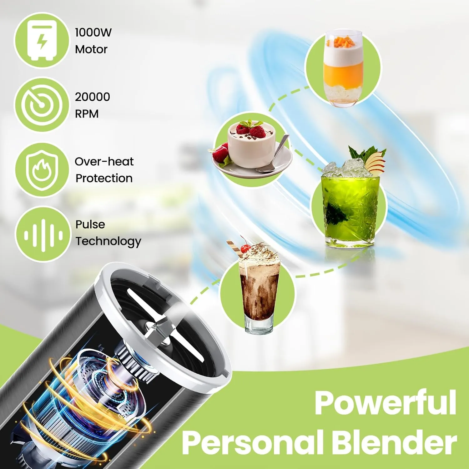 iCucina Smoothie Blender, 1000W Personal Blender for Shakes and Smoothies with 2 x 32oz Protable Cups and Lids, Single Serve Blenders for Ice Crushing, Bean Grinding, Frozen Fruit Drinks, Black