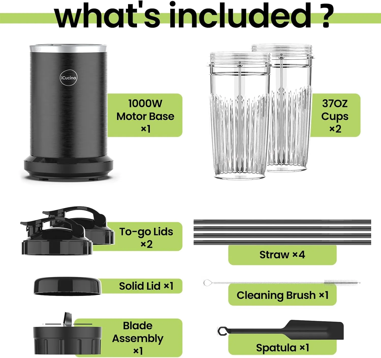 iCucina Smoothie Blender, 1000W Personal Blender for Shakes and Smoothies with 2 x 32oz Protable Cups and Lids, Single Serve Blenders for Ice Crushing, Bean Grinding, Frozen Fruit Drinks, Black