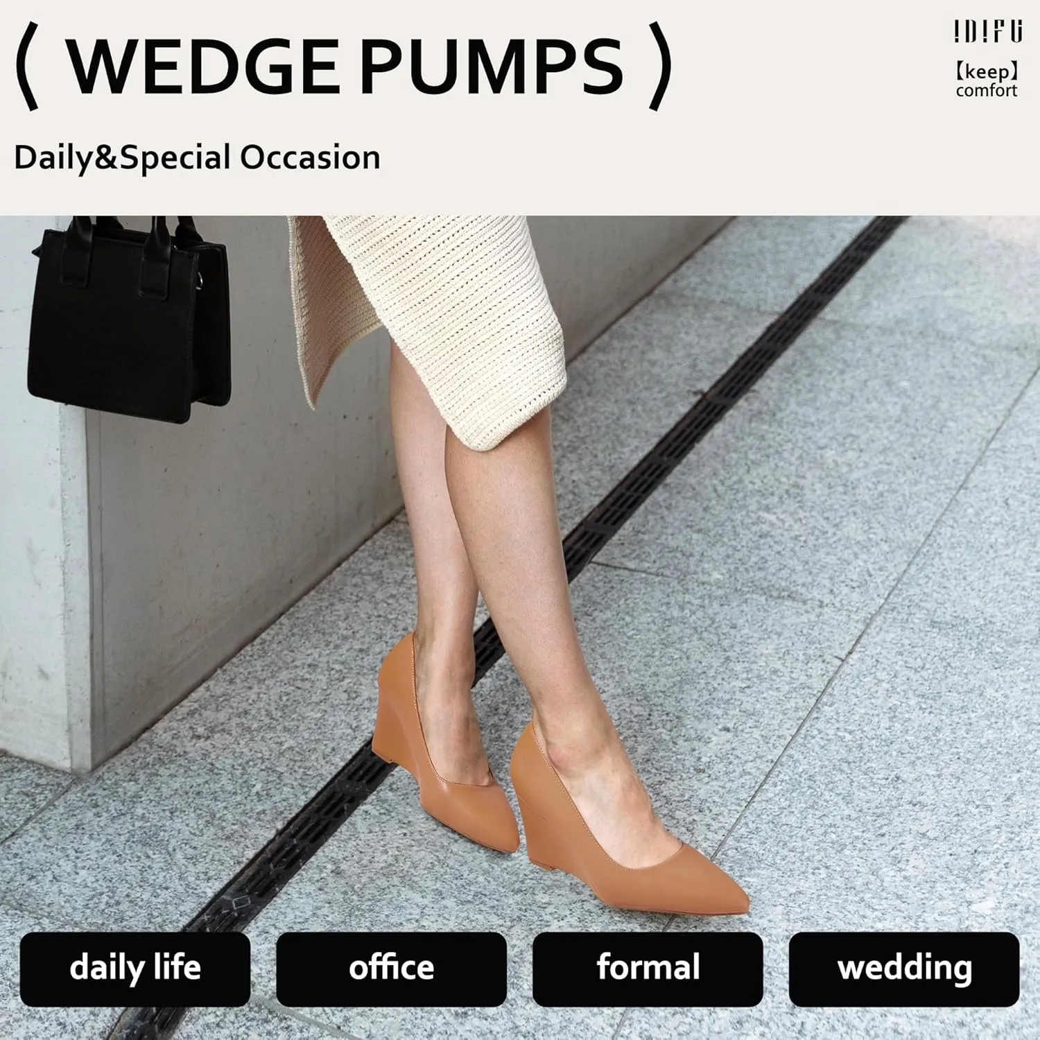 IDIFU IN3 Wedges for Women Closed Toe Pumps Low Heel Pointed Toe Work Wedding Bridal Office Formal Business Dress Casual Dressy Comfortable Trendy Fashion Shoes