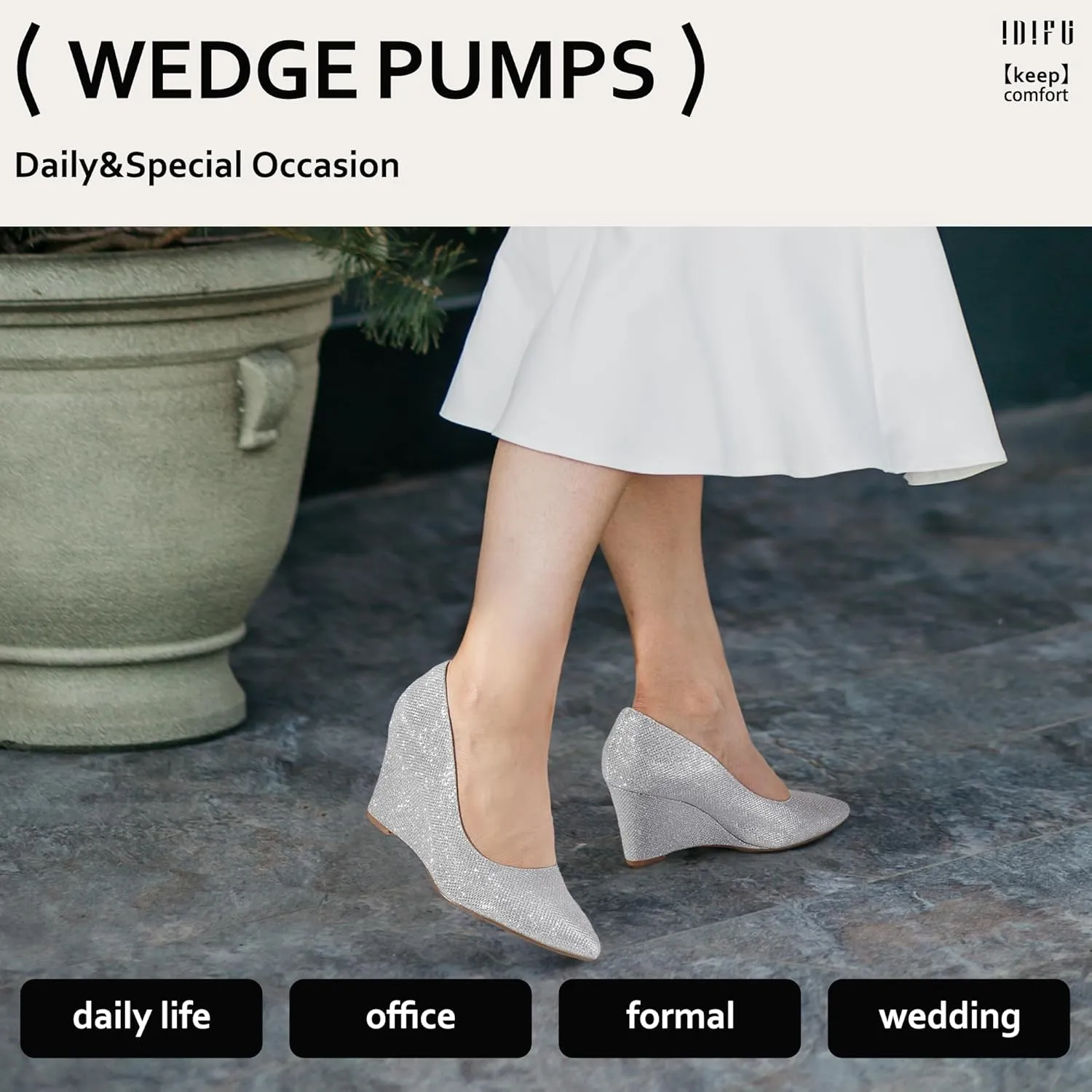 IDIFU IN3 Wedges for Women Closed Toe Pumps Low Heel Pointed Toe Work Wedding Bridal Office Formal Business Dress Casual Dressy Comfortable Trendy Fashion Shoes