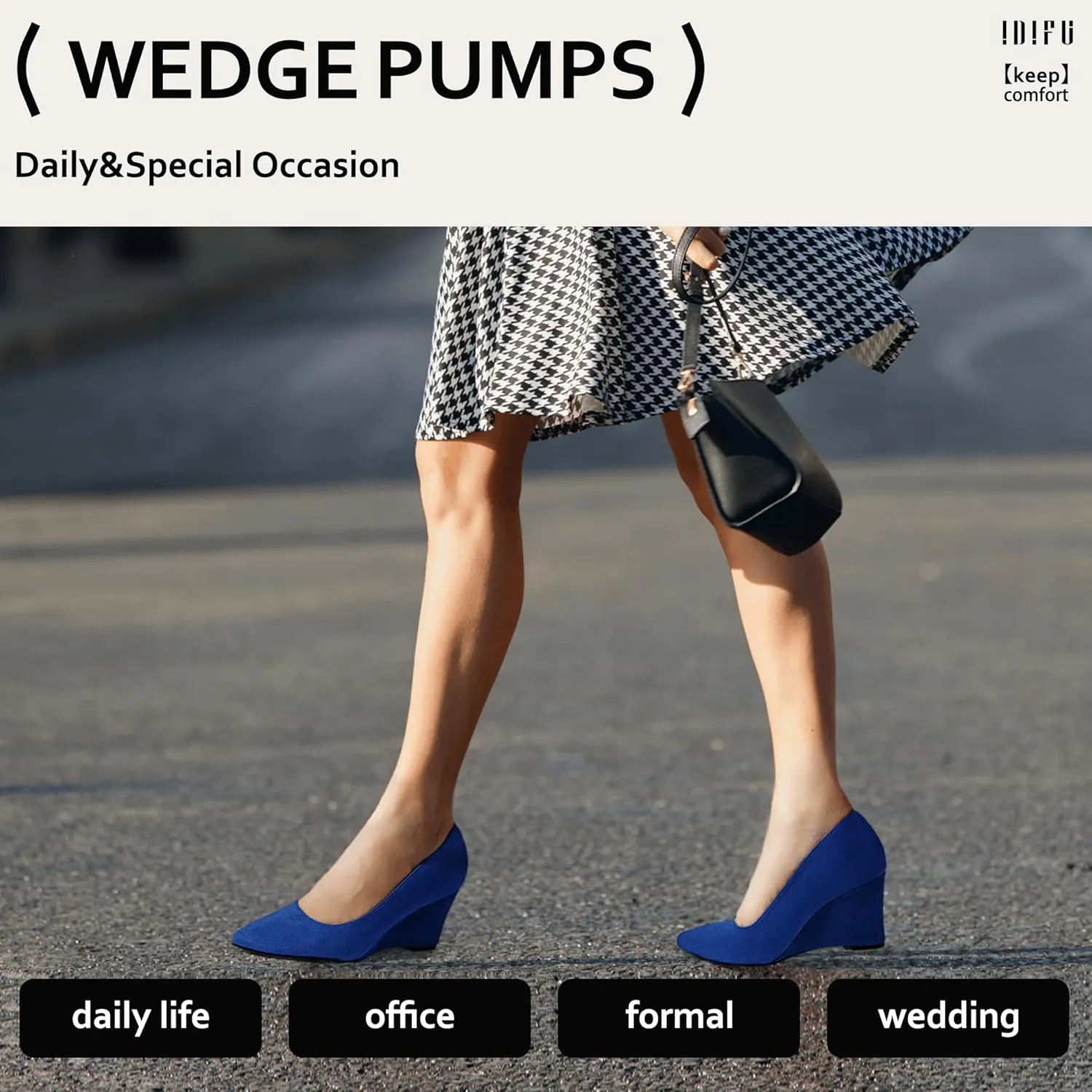 IDIFU IN3 Wedges for Women Closed Toe Pumps Low Heel Pointed Toe Work Wedding Bridal Office Formal Business Dress Casual Dressy Comfortable Trendy Fashion Shoes
