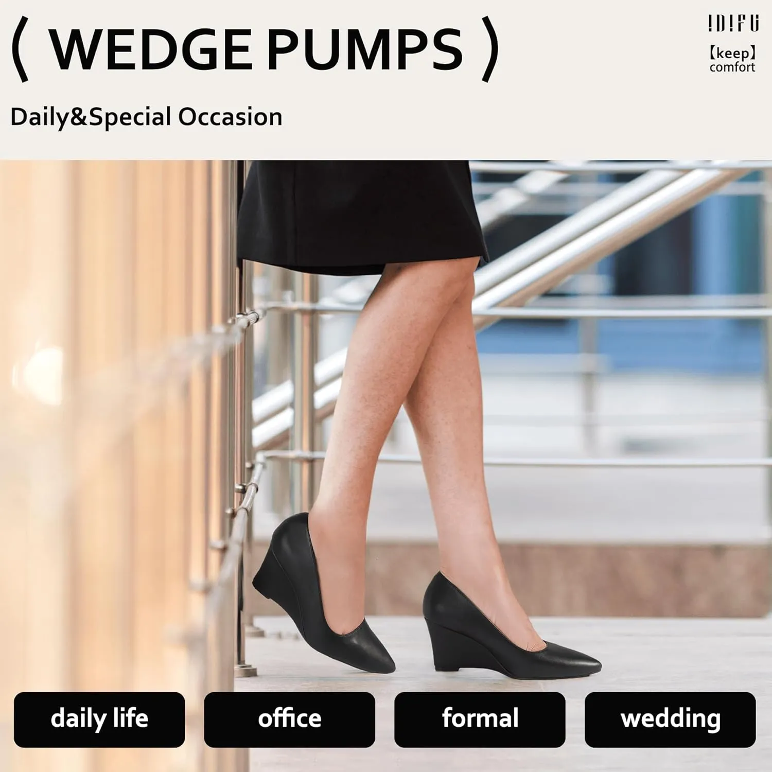 IDIFU IN3 Wedges for Women Closed Toe Pumps Low Heel Pointed Toe Work Wedding Bridal Office Formal Business Dress Casual Dressy Comfortable Trendy Fashion Shoes