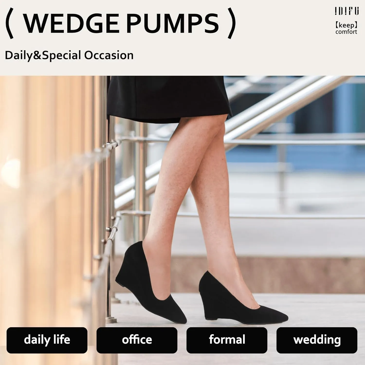 IDIFU IN3 Wedges for Women Closed Toe Pumps Low Heel Pointed Toe Work Wedding Bridal Office Formal Business Dress Casual Dressy Comfortable Trendy Fashion Shoes