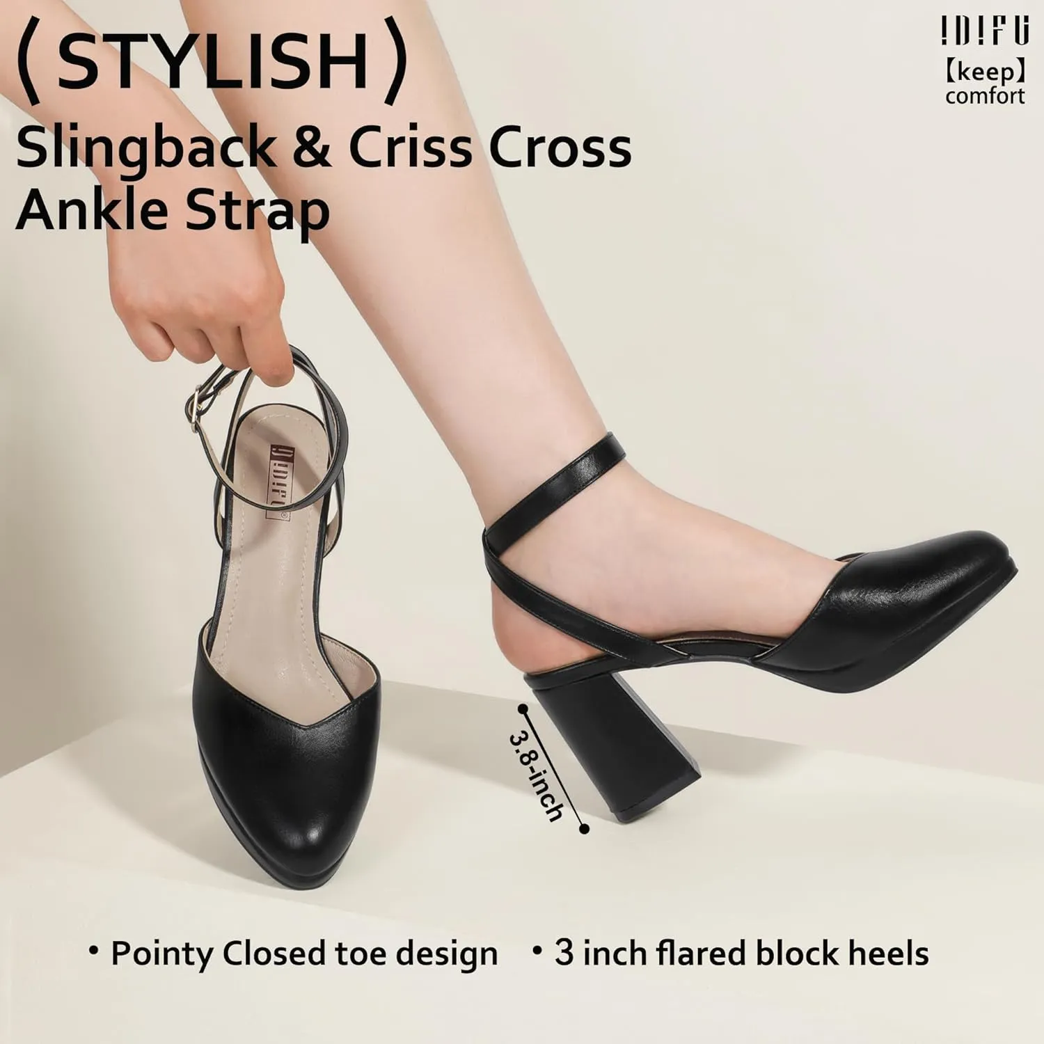 IDIFU IN3 Women's Pumps Platform Closed Toe Heels Comfortable Low Chunky Block Slingback Ankle Strap Dressy Wedding Bridal Party Shoes Pointed Toe Heels