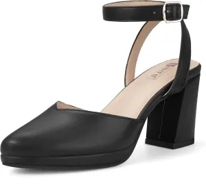 IDIFU IN3 Women's Pumps Platform Closed Toe Heels Comfortable Low Chunky Block Slingback Ankle Strap Dressy Wedding Bridal Party Shoes Pointed Toe Heels