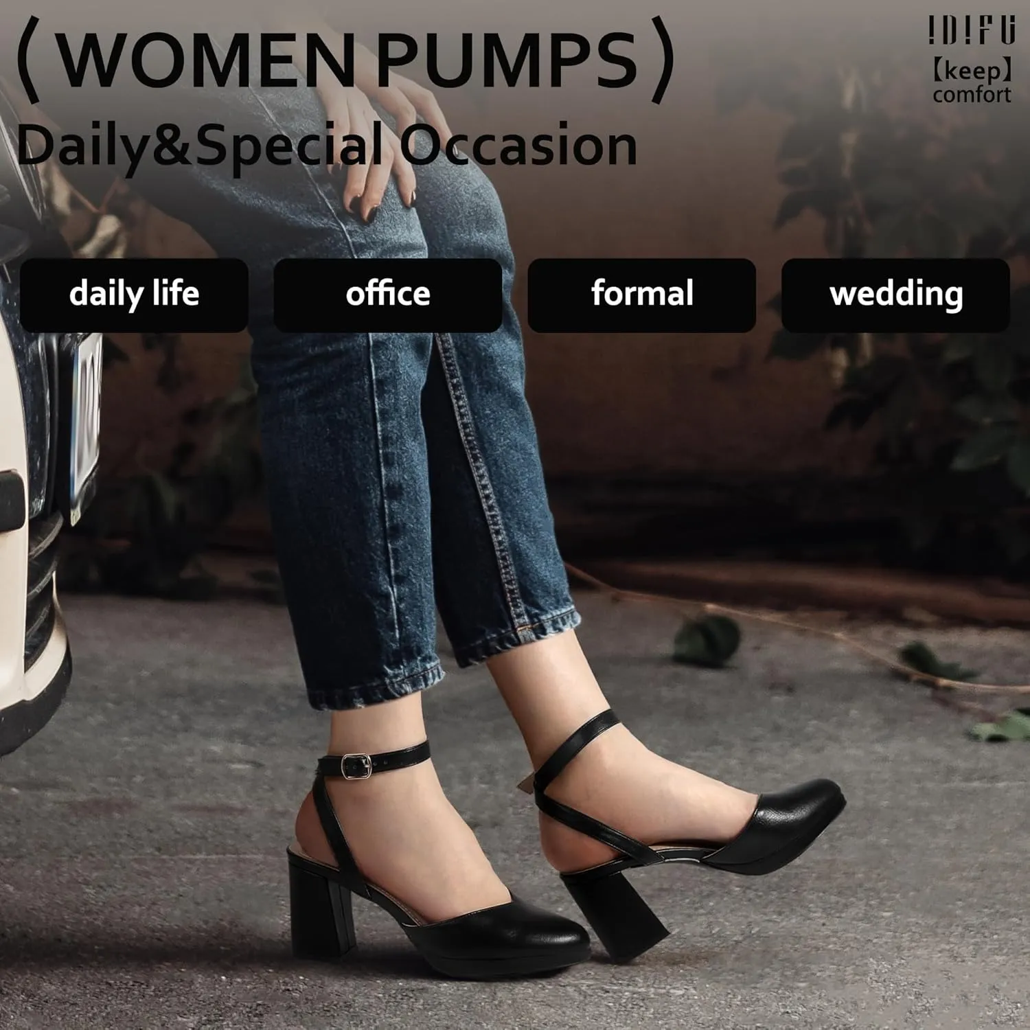 IDIFU IN3 Women's Pumps Platform Closed Toe Heels Comfortable Low Chunky Block Slingback Ankle Strap Dressy Wedding Bridal Party Shoes Pointed Toe Heels