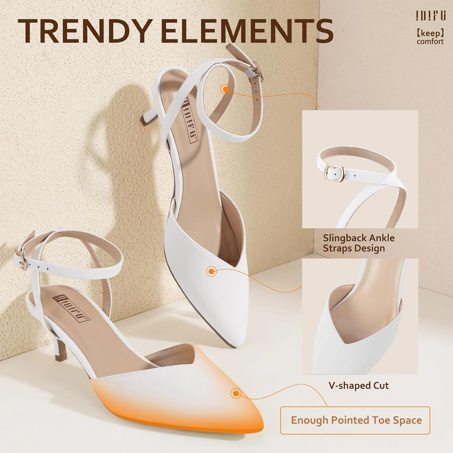 IDIFU IN2 Women's Pumps Closed Toe Kitten Heels Slingback Low Pointed Toe Short Ankle Strap Heels Wedding Bride Prom Bridal Work Dress Shoes for Women Comfortable Cute Trendy Pumps Shoes