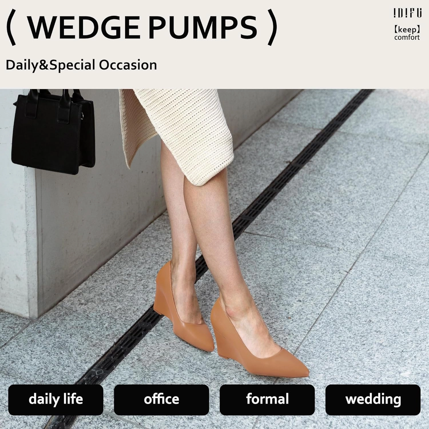IDIFU IN3 Wedges for Women Closed Toe Pumps Low Heel Pointed Toe Work Wedding Bridal Office Formal Business Dress Casual Dressy Comfortable Trendy Fashion Shoes
