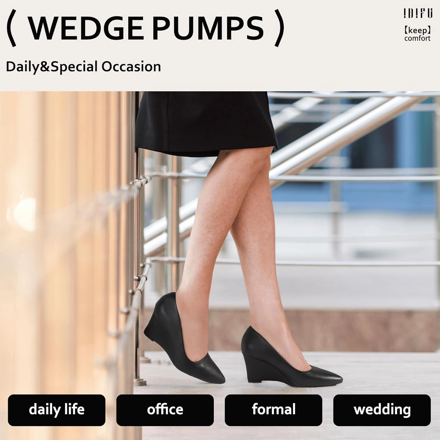 IDIFU IN3 Wedges for Women Closed Toe Pumps Low Heel Pointed Toe Work Wedding Bridal Office Formal Business Dress Casual Dressy Comfortable Trendy Fashion Shoes