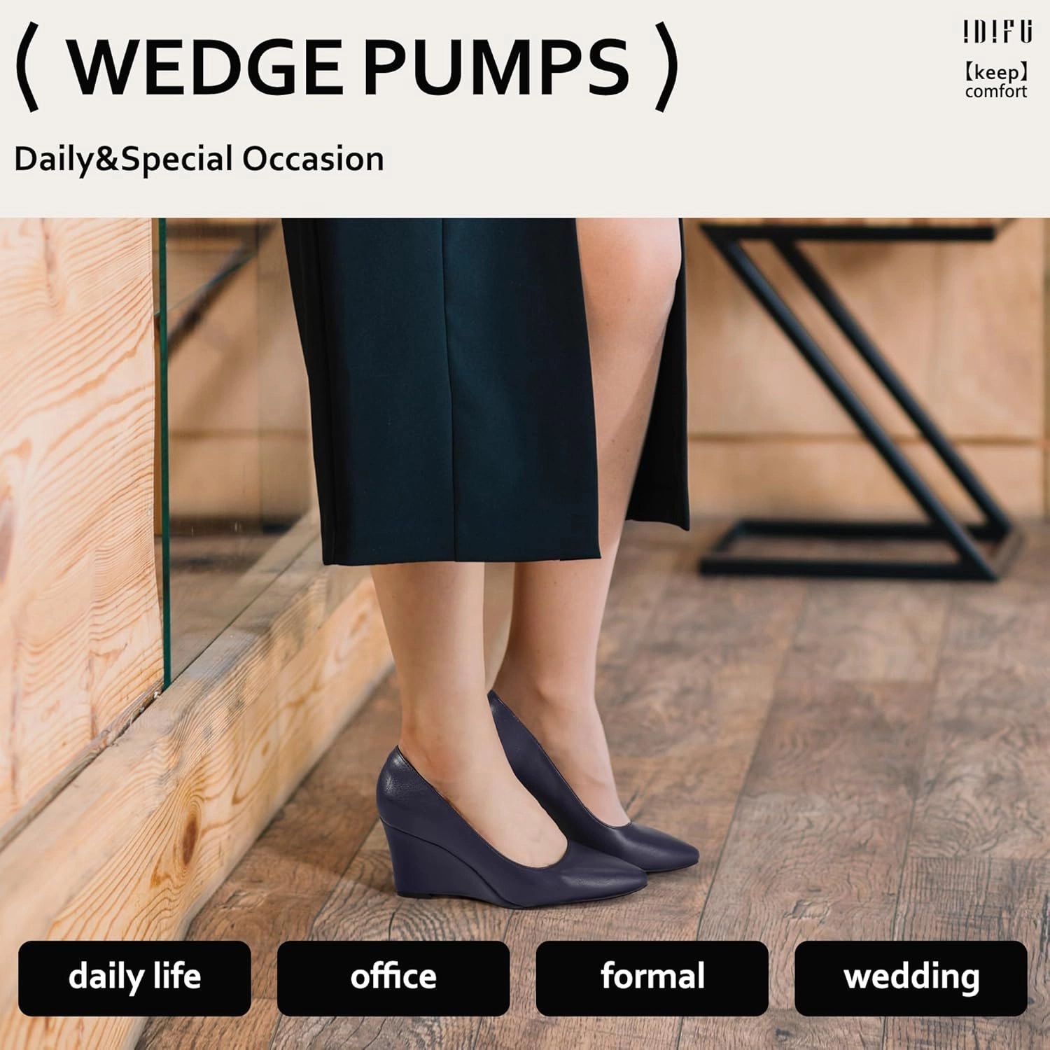 IDIFU IN3 Wedges for Women Closed Toe Pumps Low Heel Pointed Toe Work Wedding Bridal Office Formal Business Dress Casual Dressy Comfortable Trendy Fashion Shoes