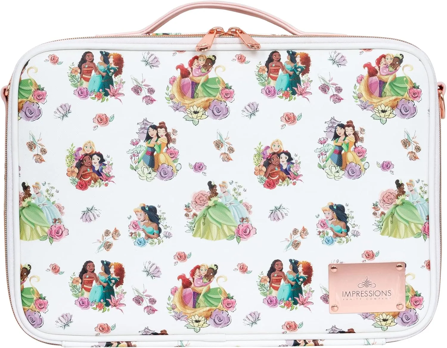 Impressions Vanity Disney Princess Dream Makeup Organizer Bag with Adjustable Dividers, Handheld Cosmetic Bag with Badge Holder, Cosmetic Travel Bag with Detachable Strap