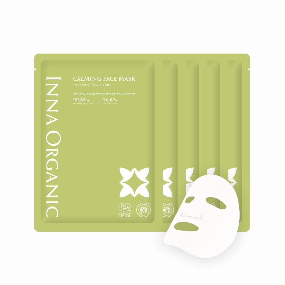 INNA ORGANIC Sheet Mask - Calming & Soothing for Sensitive Skin, EWG & COSMOS Certified (Pack of 5) | Green Tea & Rose Infused Skin Care | Luxury Clean Beauty
