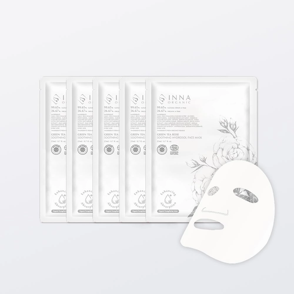 INNA ORGANIC Sheet Mask - Calming & Soothing for Sensitive Skin, EWG & COSMOS Certified (Pack of 5) | Green Tea & Rose Infused Skin Care | Luxury Clean Beauty