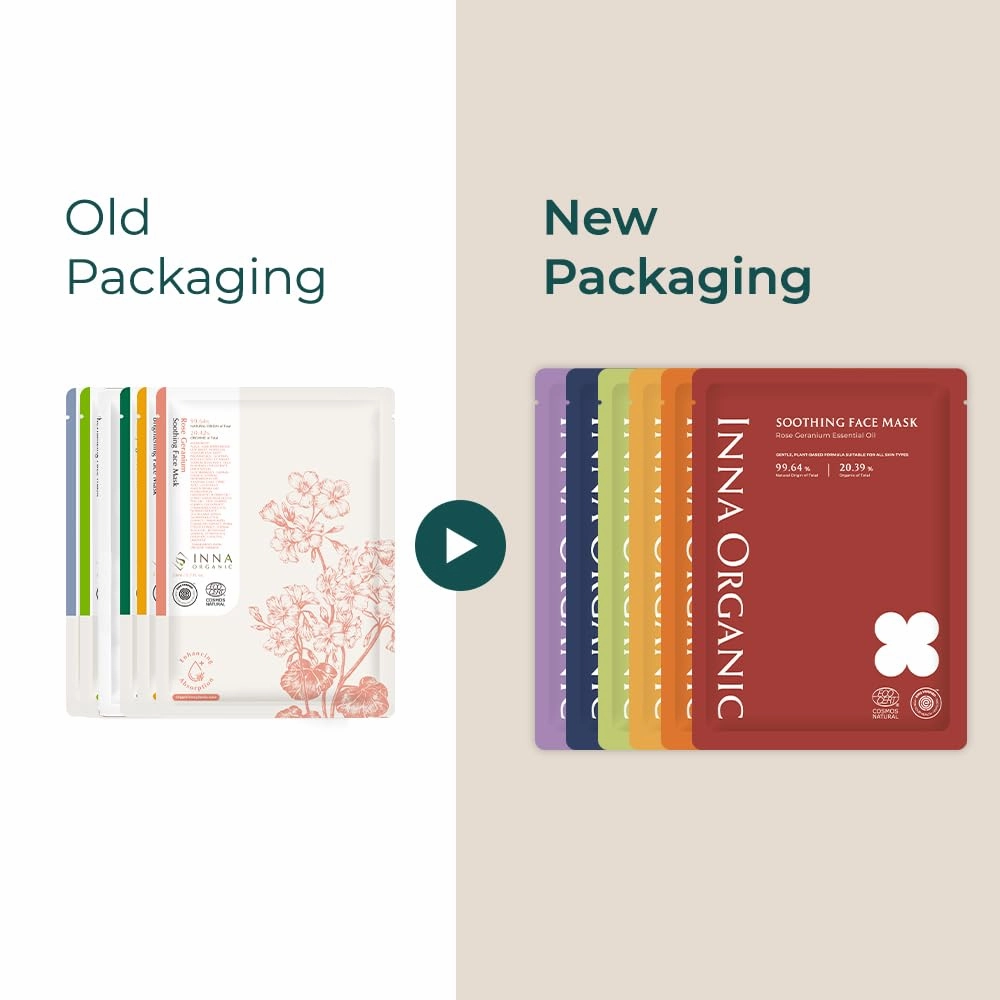INNA ORGANIC Sheet Mask - Calming & Soothing for Sensitive Skin, EWG & COSMOS Certified (Pack of 5) | Green Tea & Rose Infused Skin Care | Luxury Clean Beauty