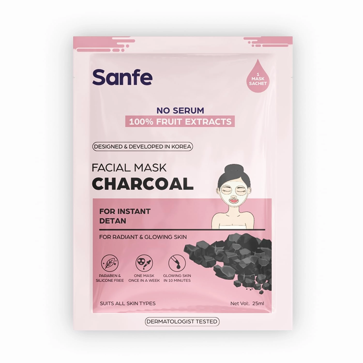 Instant Detan Charcoal Facial Mask | For radiant & glowin skin | 100% fruit extracts, Korean Mask | 1pc, 25gm