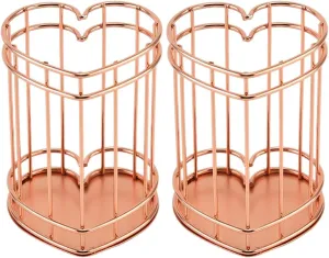 iplusmile 2pcs Pen Holder, Metal Wire Pencil Holder for Desk, Make Up Brush Holder Heart Shape Iron Hollowed Pen Holders, Office, Home, and School Supplies (Rose Gold)