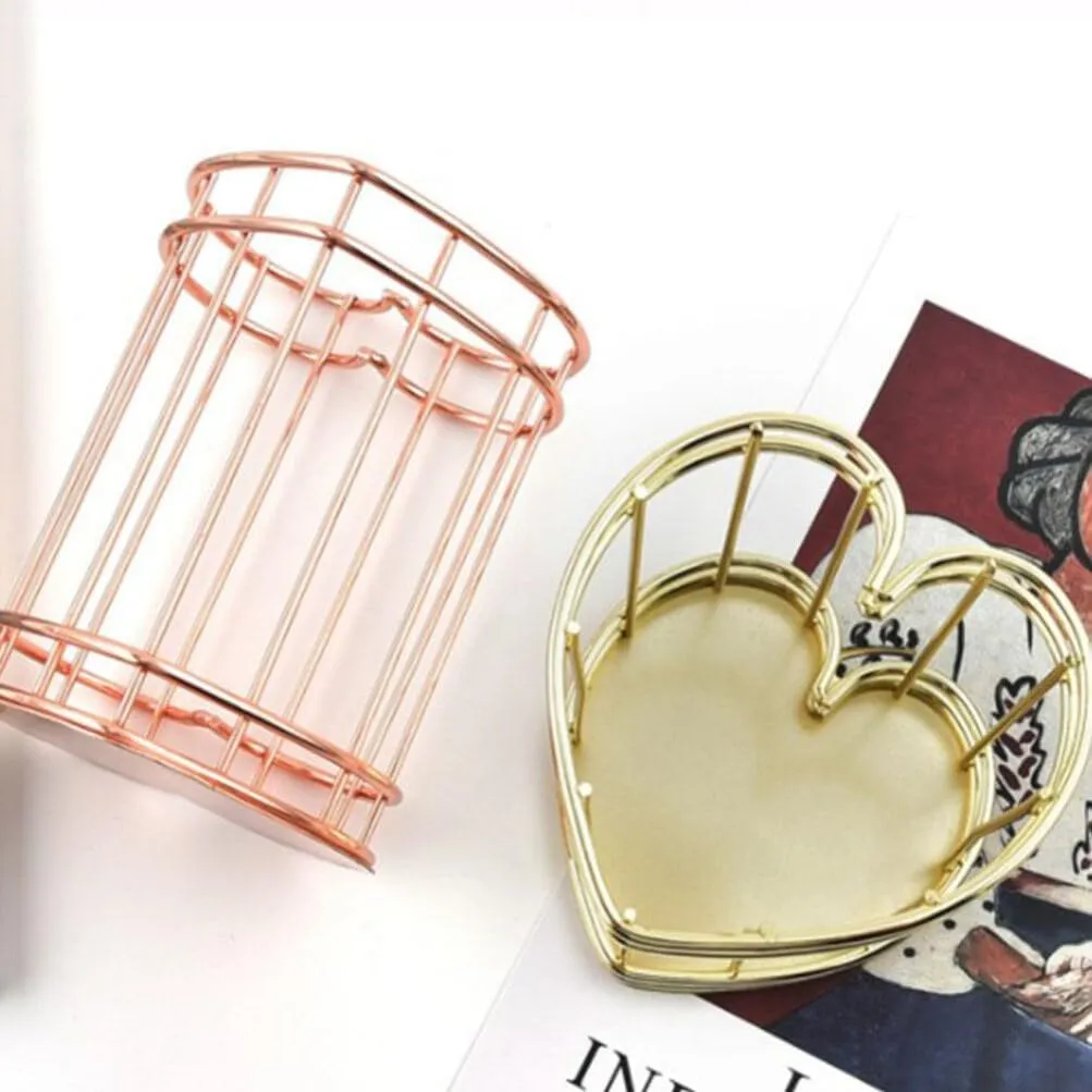 iplusmile 2pcs Pen Holder, Metal Wire Pencil Holder for Desk, Make Up Brush Holder Heart Shape Iron Hollowed Pen Holders, Office, Home, and School Supplies (Rose Gold)