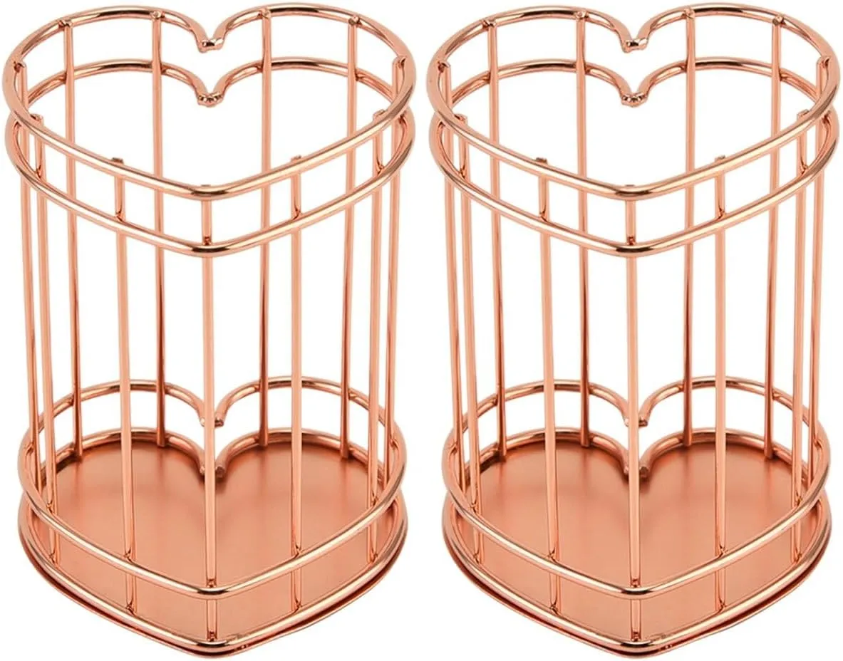 iplusmile 2pcs Pen Holder, Metal Wire Pencil Holder for Desk, Make Up Brush Holder Heart Shape Iron Hollowed Pen Holders, Office, Home, and School Supplies (Rose Gold)