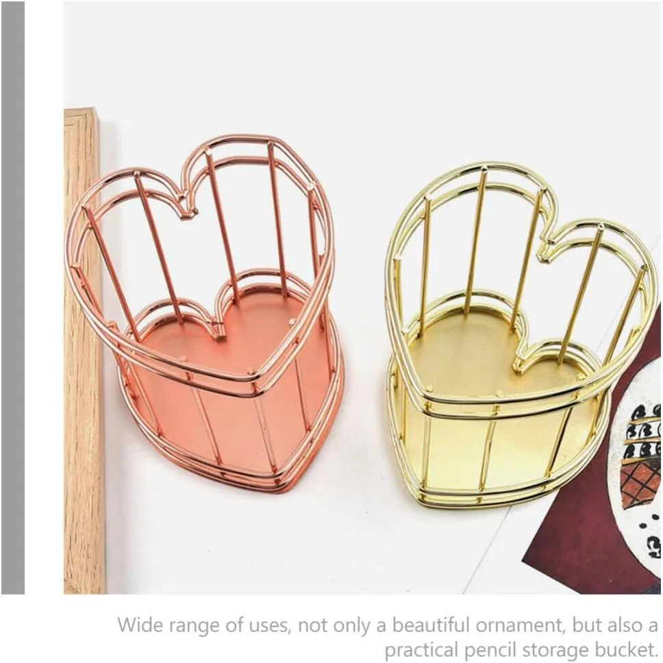 iplusmile 2pcs Pen Holder, Metal Wire Pencil Holder for Desk, Make Up Brush Holder Heart Shape Iron Hollowed Pen Holders, Office, Home, and School Supplies (Rose Gold)