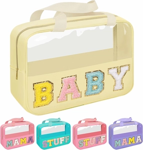 Iqimott Chenille Letter Patch Baby Bag, Preppy Clear Makeup Cosmetic Bag Large Toiletry Storage Tote Bag with Handle, Transparent Nylon Waterproof Organizer Zipper Pouch for Travel Women Girls(Beige)
