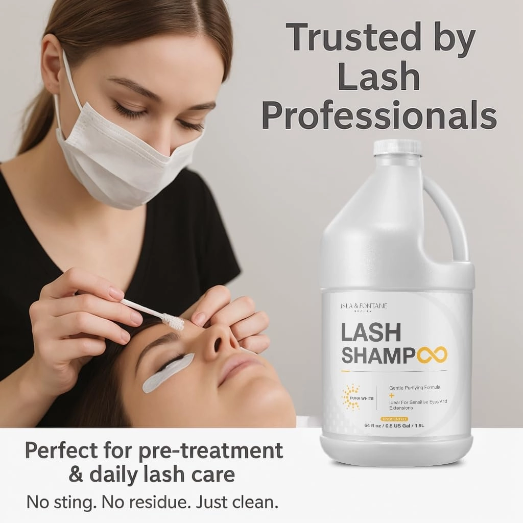 ISLA & FONTANE Lash Shampoo Bulk – Pura White 64 fl oz | Gentle Eyelash Shampoo for Extensions | Sensitive Eye Lash Foam Cleanser | Oil-Free Lash Bath for Home & Salon Use