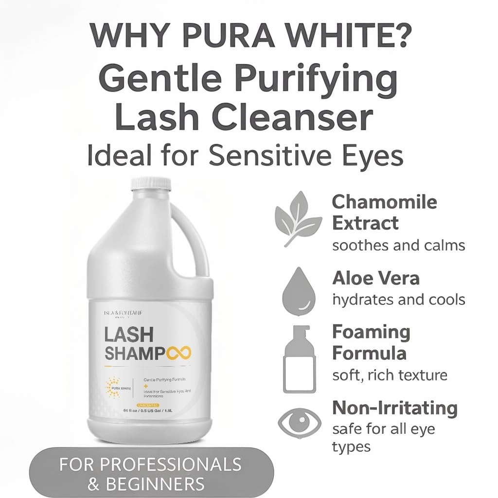 ISLA & FONTANE Lash Shampoo Bulk – Pura White 64 fl oz | Gentle Eyelash Shampoo for Extensions | Sensitive Eye Lash Foam Cleanser | Oil-Free Lash Bath for Home & Salon Use