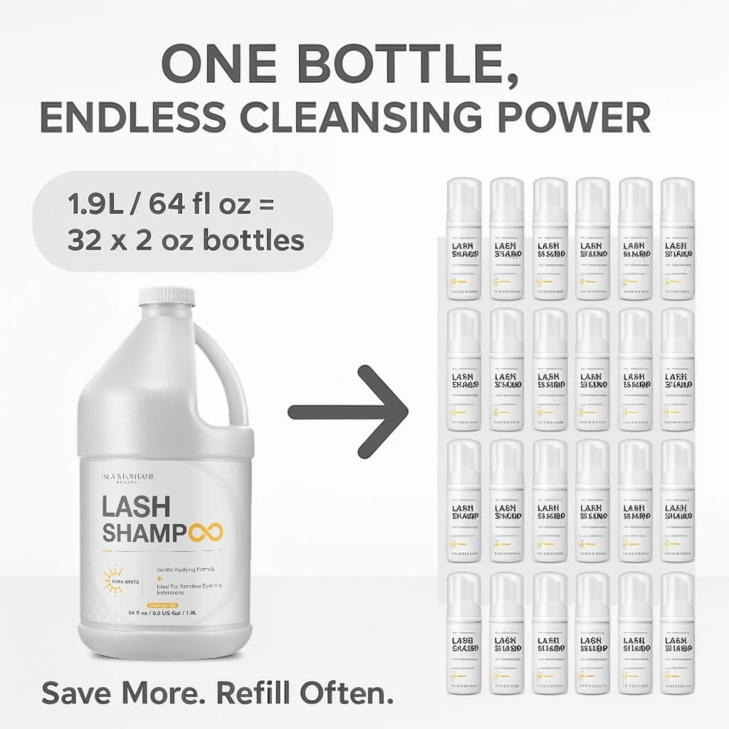 ISLA & FONTANE Lash Shampoo Bulk – Pura White 64 fl oz | Gentle Eyelash Shampoo for Extensions | Sensitive Eye Lash Foam Cleanser | Oil-Free Lash Bath for Home & Salon Use