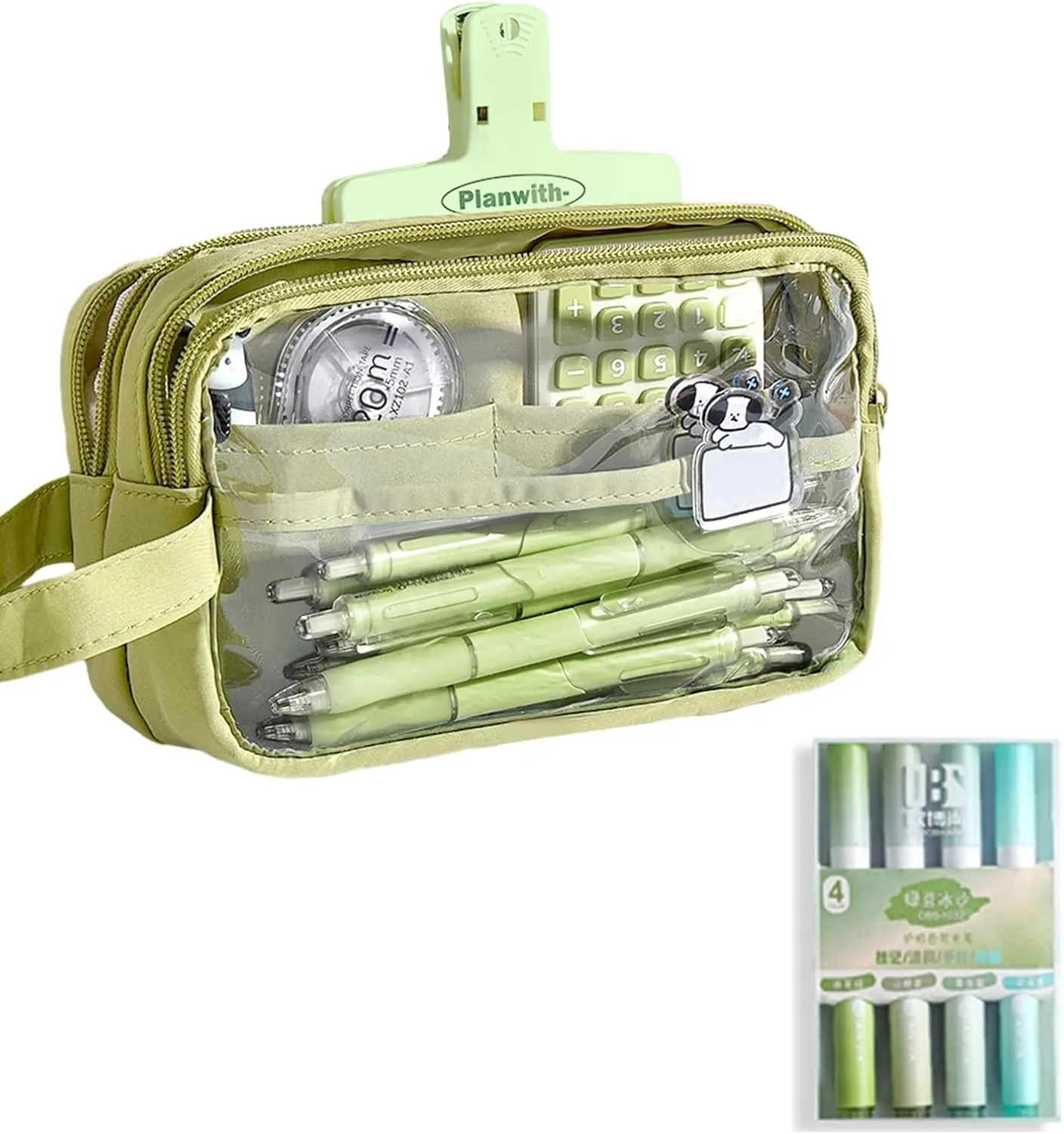 ITA Pencil Pouch, Large Capacity Office Pen Case with 5 Compartments & Clear Window & Handle, Portable Organizer Bag for Adults (Green 4 Highlighters)