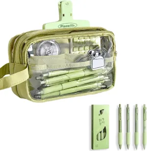 ITA Pencil Pouch, Large Capacity Office Pen Case with 5 Compartments & Clear Window & Handle, Portable Organizer Bag for Adults (Green 4Pens)