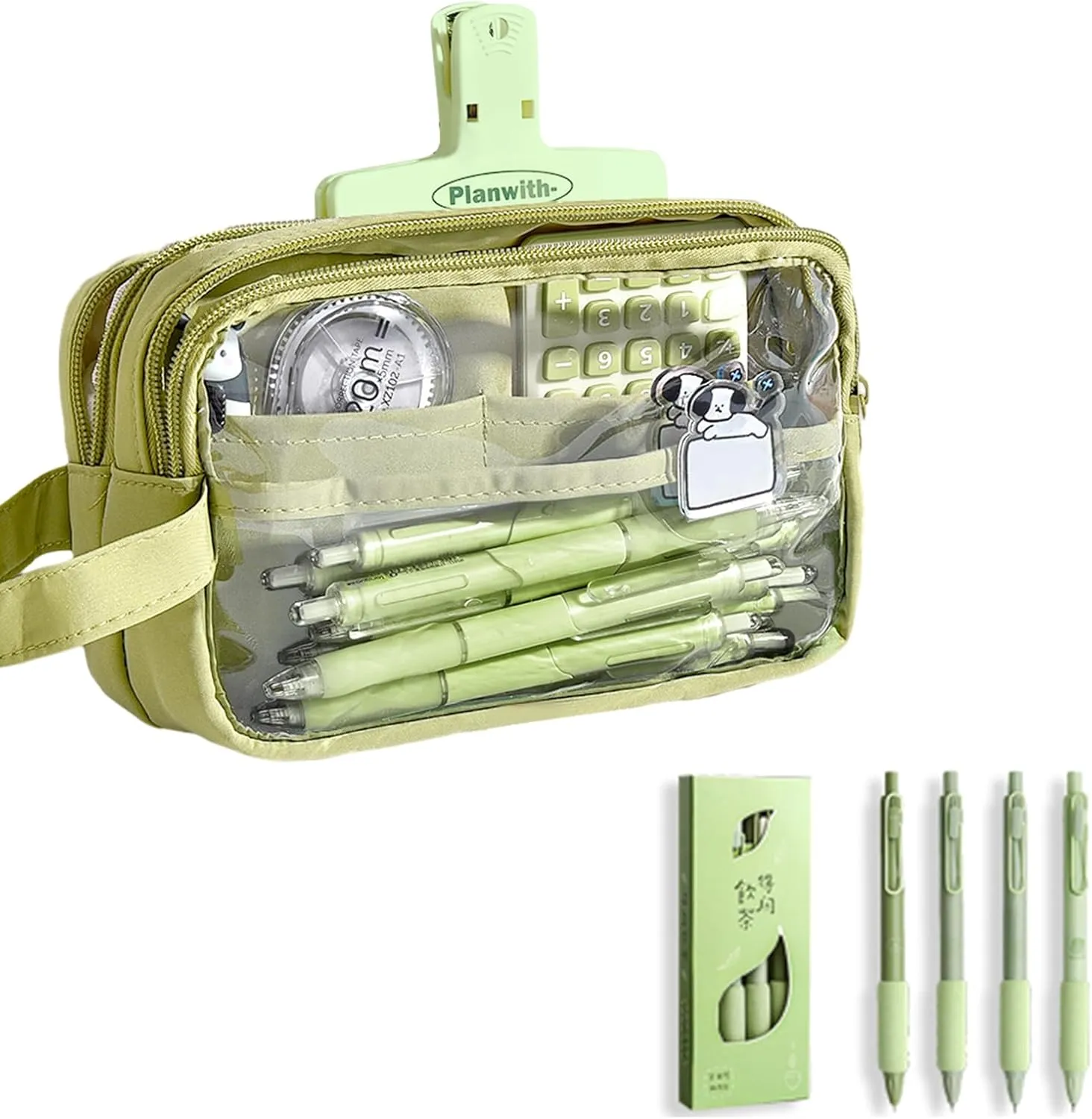ITA Pencil Pouch, Large Capacity Office Pen Case with 5 Compartments & Clear Window & Handle, Portable Organizer Bag for Adults (Green 4Pens)