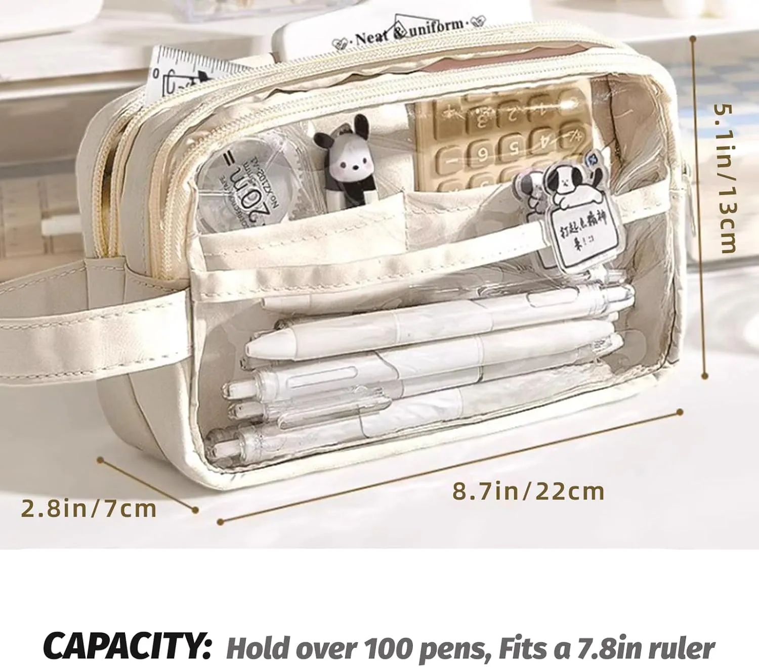 ITA Pencil Pouch, Large Capacity Office Pen Case with 5 Compartments & Clear Window & Handle, Portable Organizer Bag for Adults (Pink 4 Highlighters)